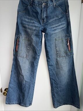 Women's Blue Boot Cut Jeans with Cargo Pockets